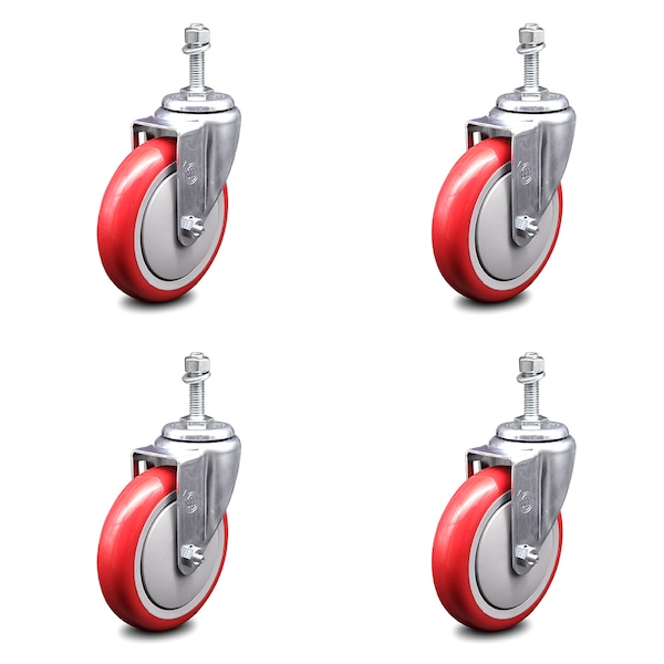5 Inch Red Polyurethane Wheel Swivel 10mm Threaded Stem Caster Set SCC